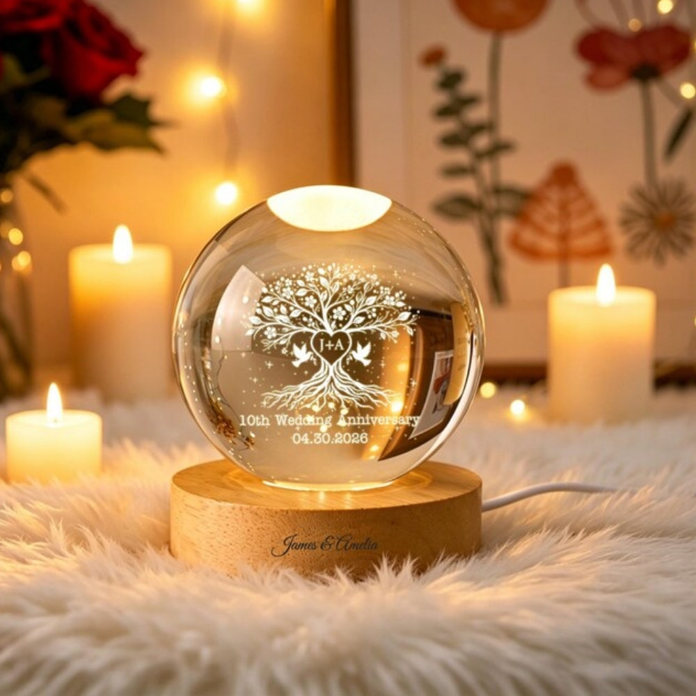 Personalized 10th Wedding Anniversary Crystal Ball Led Night Light, Custom 10 Years Anniversary Night Light WD0371