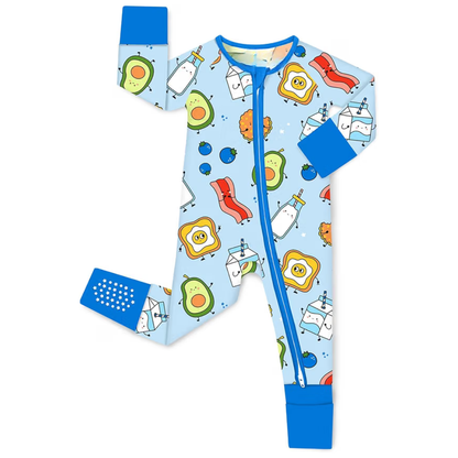 Breakfast Food Blue Baby Romper Convertible Zipper, Food Baby Romper Convertible BB0421
