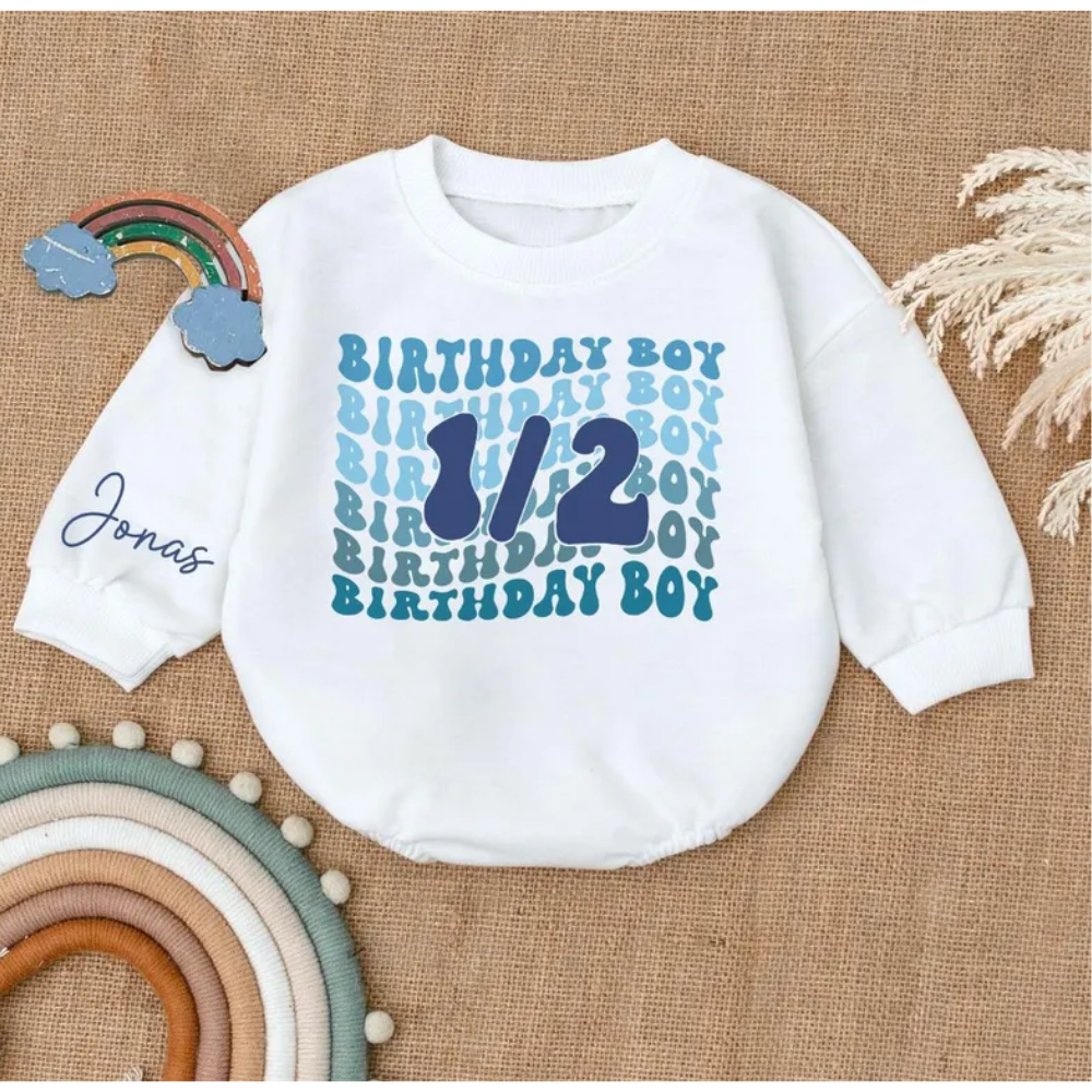 Personalized 1/2 Birthday Boy Baby Romper Sweatshirt, Custom Half Birthday Romper Baby Sweater BB0470