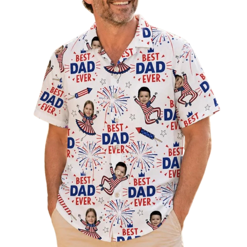 Best Dad Ever Custom Kid Face Hawaiian Shirt For Father Day 4th Of July, Custom Photo Father Day 4th Of July Hawaiian Shirts For Dad HE0225