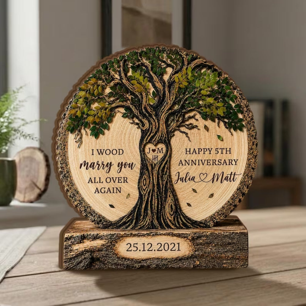 I Wood Marry You All Over Again Custom 5th Wedding Anniversary Layer Wooden Plaque, Custom 5 Years Wedding Wooden Block Keepsake WD0888