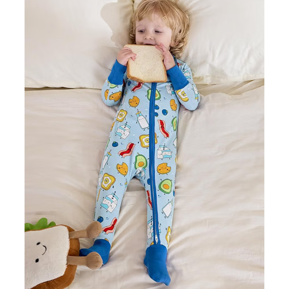 Breakfast Food Blue Baby Romper Convertible Zipper, Food Baby Romper Convertible BB0421