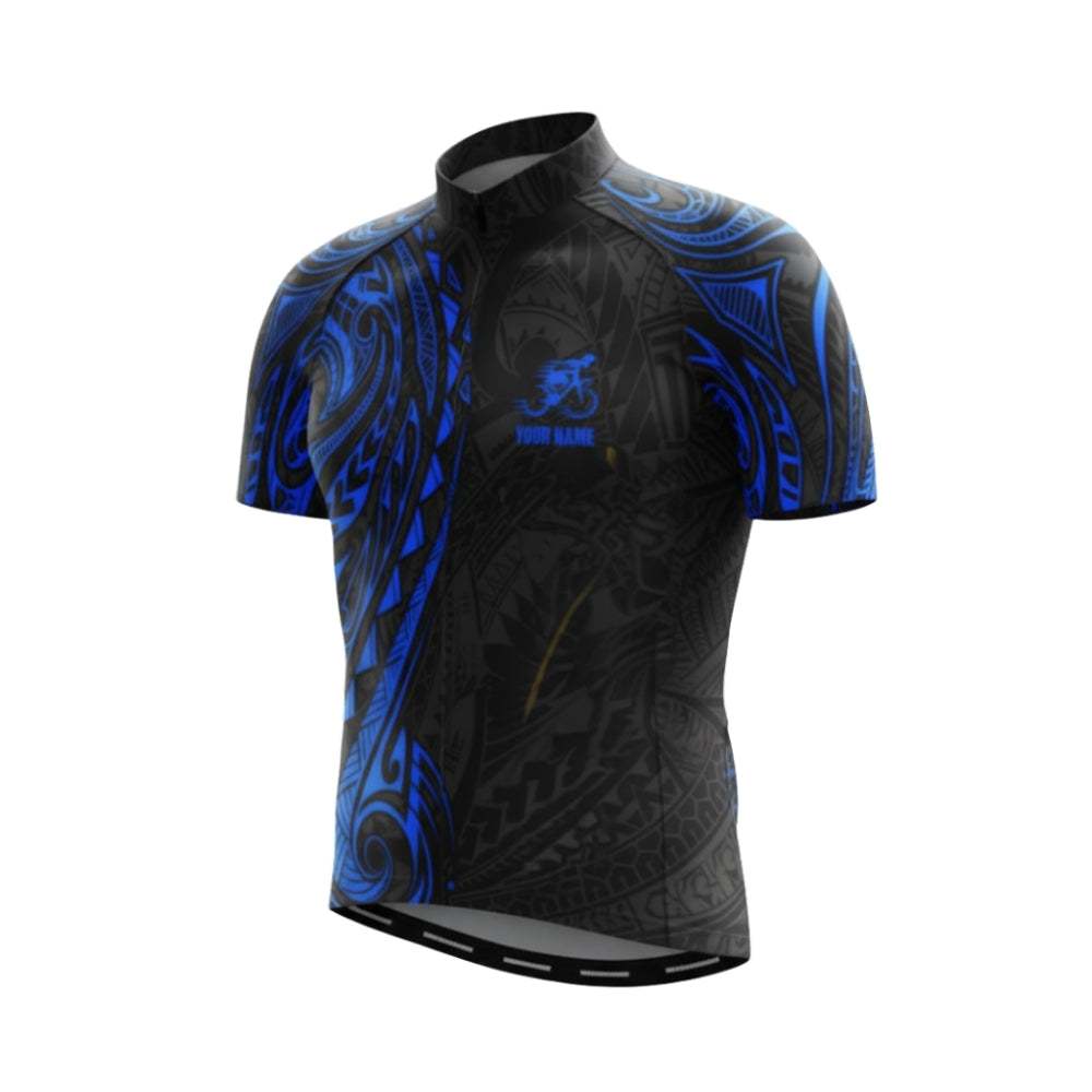 Custom Black Blue Tribal Short Sleeve Cycling Jersey, Custom Tribal Cycling Jerseys CG0489