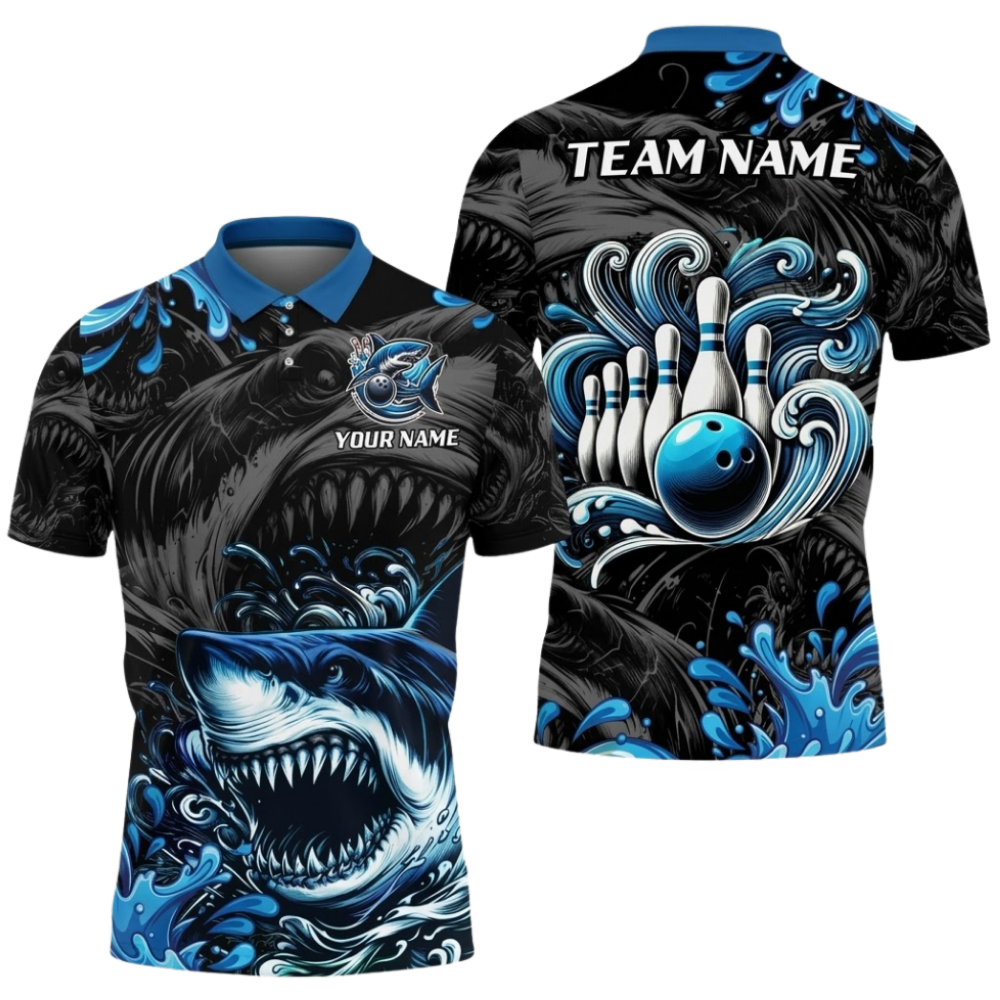 Custom Shark Men's Red Black Bowling Polo Shirt, Custom Shark Bowling Shirt For Team BZ0987
