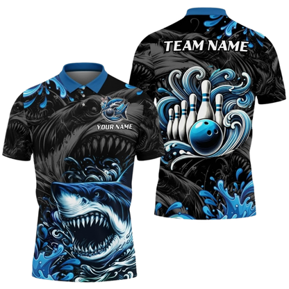 Custom Shark Men's Red Black Bowling Polo Shirt, Custom Shark Bowling Shirt For Team BZ0987