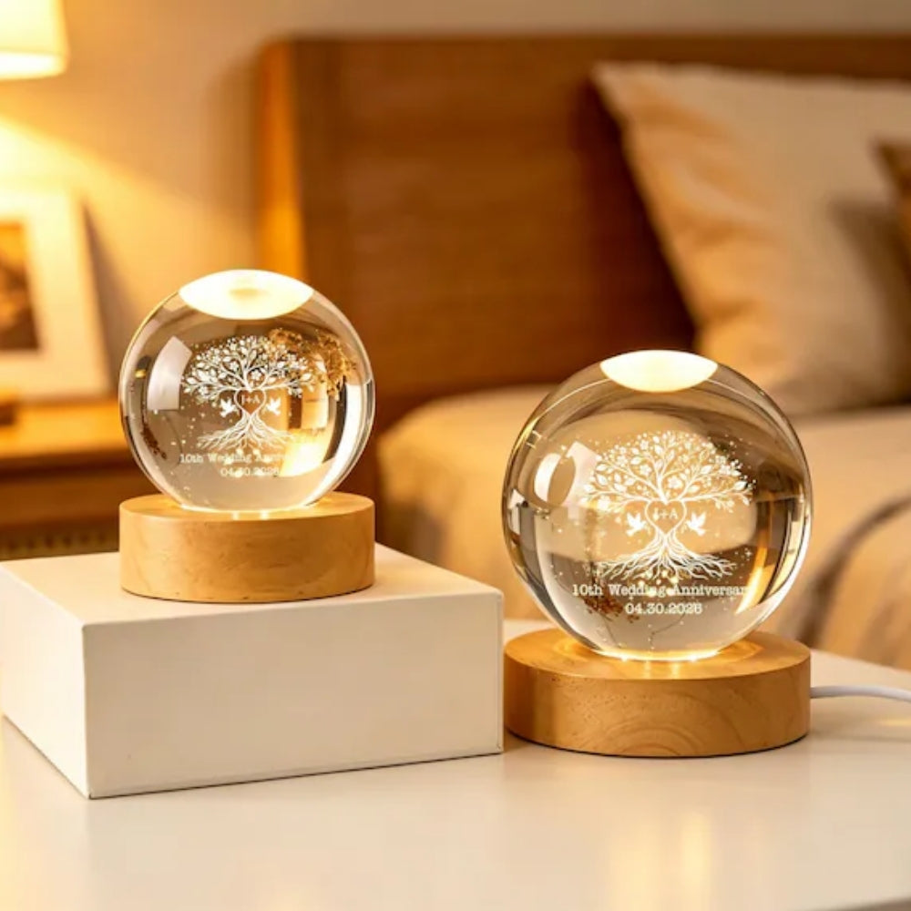 Personalized 10th Wedding Anniversary Crystal Ball Led Night Light, Custom 10 Years Anniversary Night Light WD0371