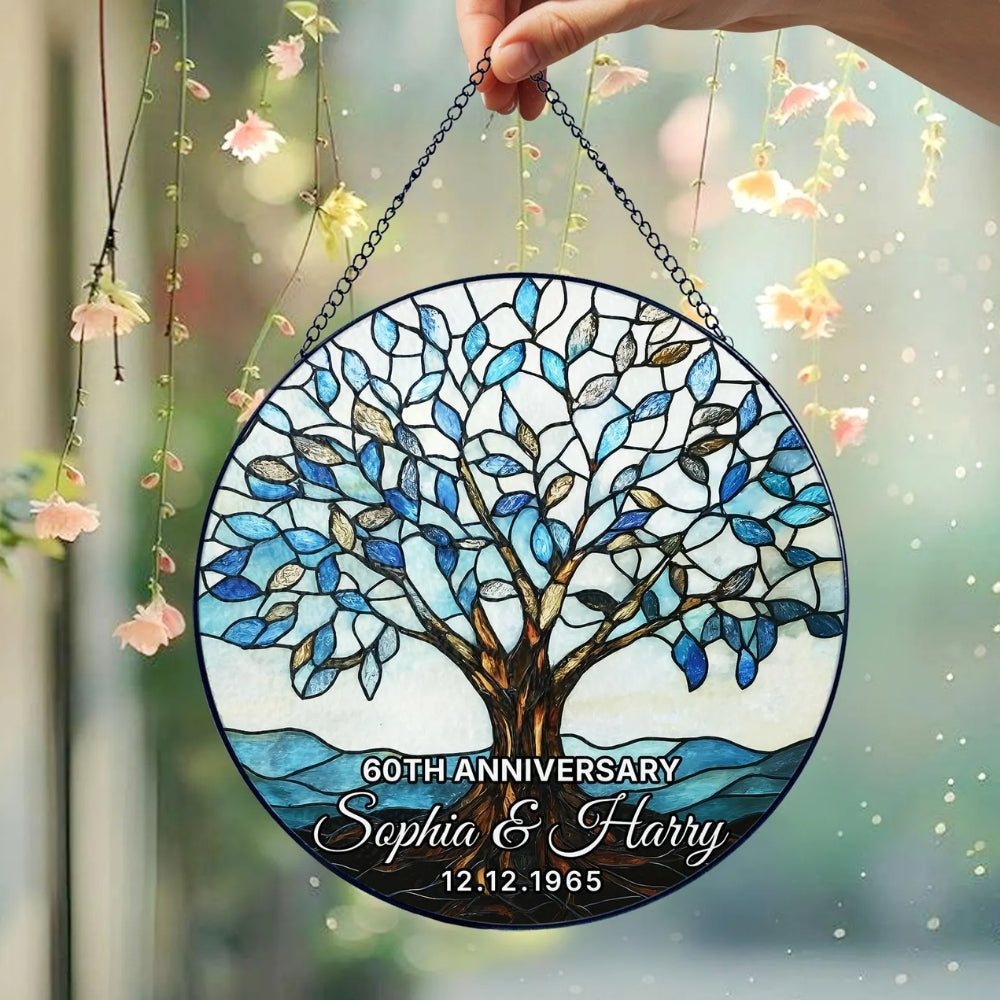 Personalised 60th Wedding Anniversary Stained Glass Suncatcher, Custom Diamond Wedding Anniversary Suncatcher WD0036
