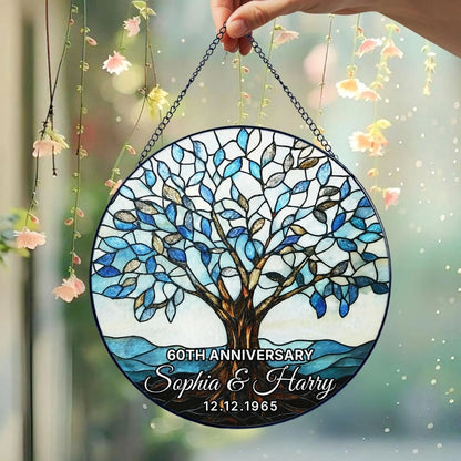 Personalised 60th Wedding Anniversary Stained Glass Suncatcher, Custom Diamond Wedding Anniversary Suncatcher WD0036