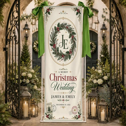 A Merry Christmas Wedding Custom Fabric Welcome Banner, Personalized Christmas Wedding Welcome Sign WD0989