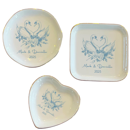 Custom Blue Swan Wedding Jewelry Dish With Couple Name, Custom Swan Ring Dish For Engagement WD0478