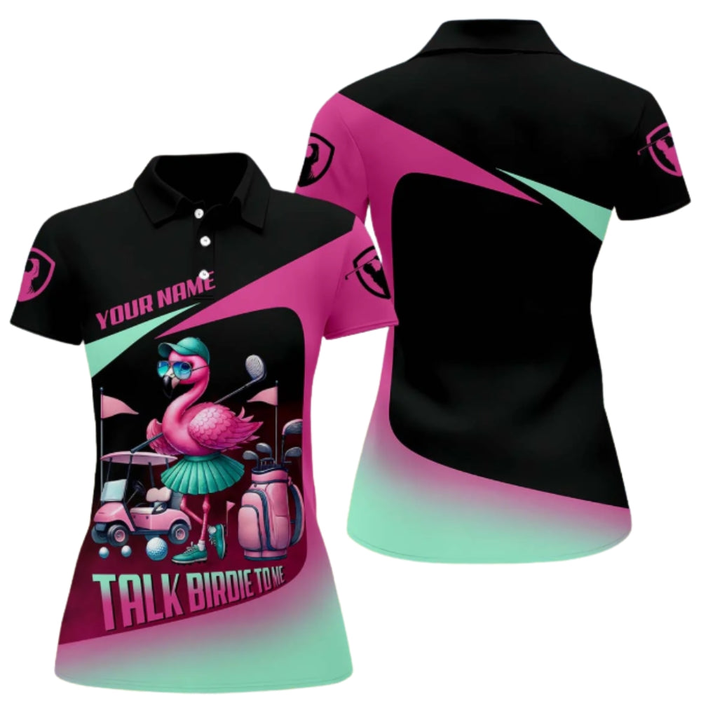 Talk Birdie To Me Custom Flamingo Black Pink Golf Polo Shirt For Women, Women's Funny Flamingo Golf Shirt GZ0210