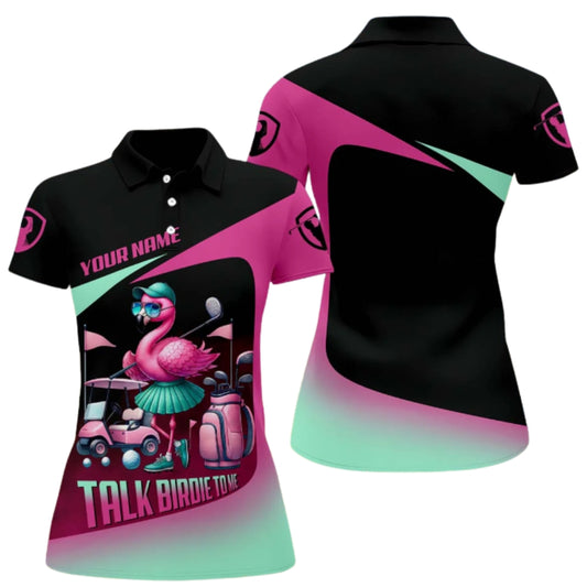 Talk Birdie To Me Custom Flamingo Black Pink Golf Polo Shirt For Women, Women's Funny Flamingo Golf Shirt GZ0210