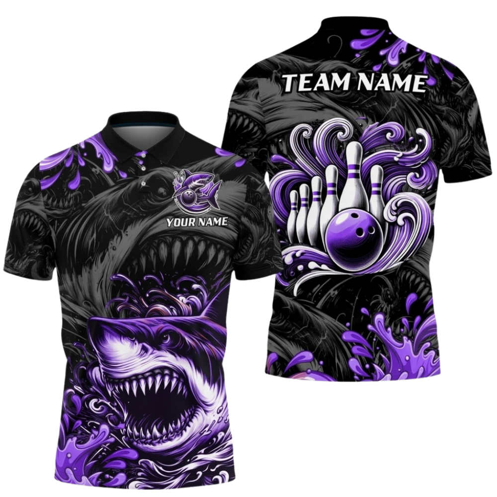 Custom Shark Men's Red Black Bowling Polo Shirt, Custom Shark Bowling Shirt For Team BZ0987