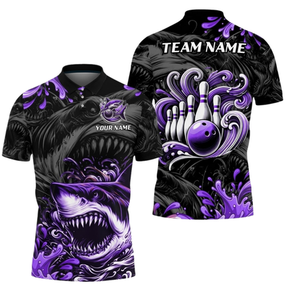 Custom Shark Men's Red Black Bowling Polo Shirt, Custom Shark Bowling Shirt For Team BZ0987