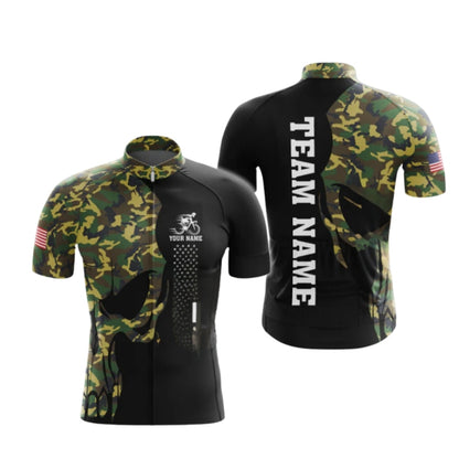 Custom Green Camo Skull Short Sleeve Cycling Jerey For Men, Custom Skull Cycling Jerseys CG0493