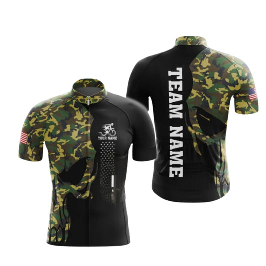 Custom Green Camo Skull Short Sleeve Cycling Jerey For Men, Custom Skull Cycling Jerseys CG0493