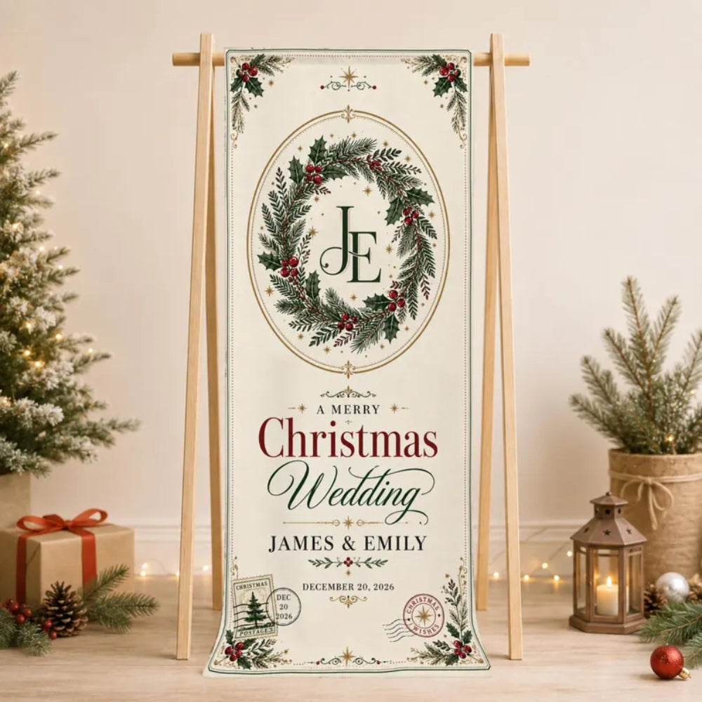 A Merry Christmas Wedding Custom Fabric Welcome Banner, Personalized Christmas Wedding Welcome Sign WD0989