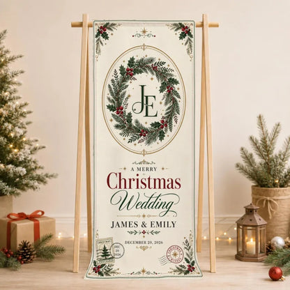 A Merry Christmas Wedding Custom Fabric Welcome Banner, Personalized Christmas Wedding Welcome Sign WD0989