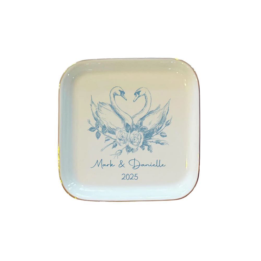 Custom Blue Swan Wedding Jewelry Dish With Couple Name, Custom Swan Ring Dish For Engagement WD0478