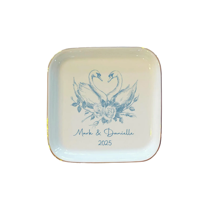 Custom Blue Swan Wedding Jewelry Dish With Couple Name, Custom Swan Ring Dish For Engagement WD0478