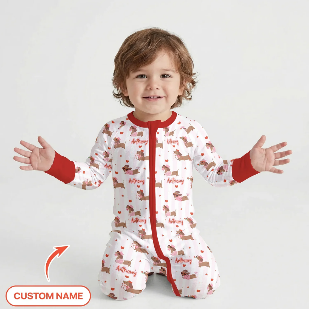 Custom Dachshund Dog Baby Convetible Zippy Romper For Valentine, Custom Dachshund Lover Convertible Baby Romper BB0890