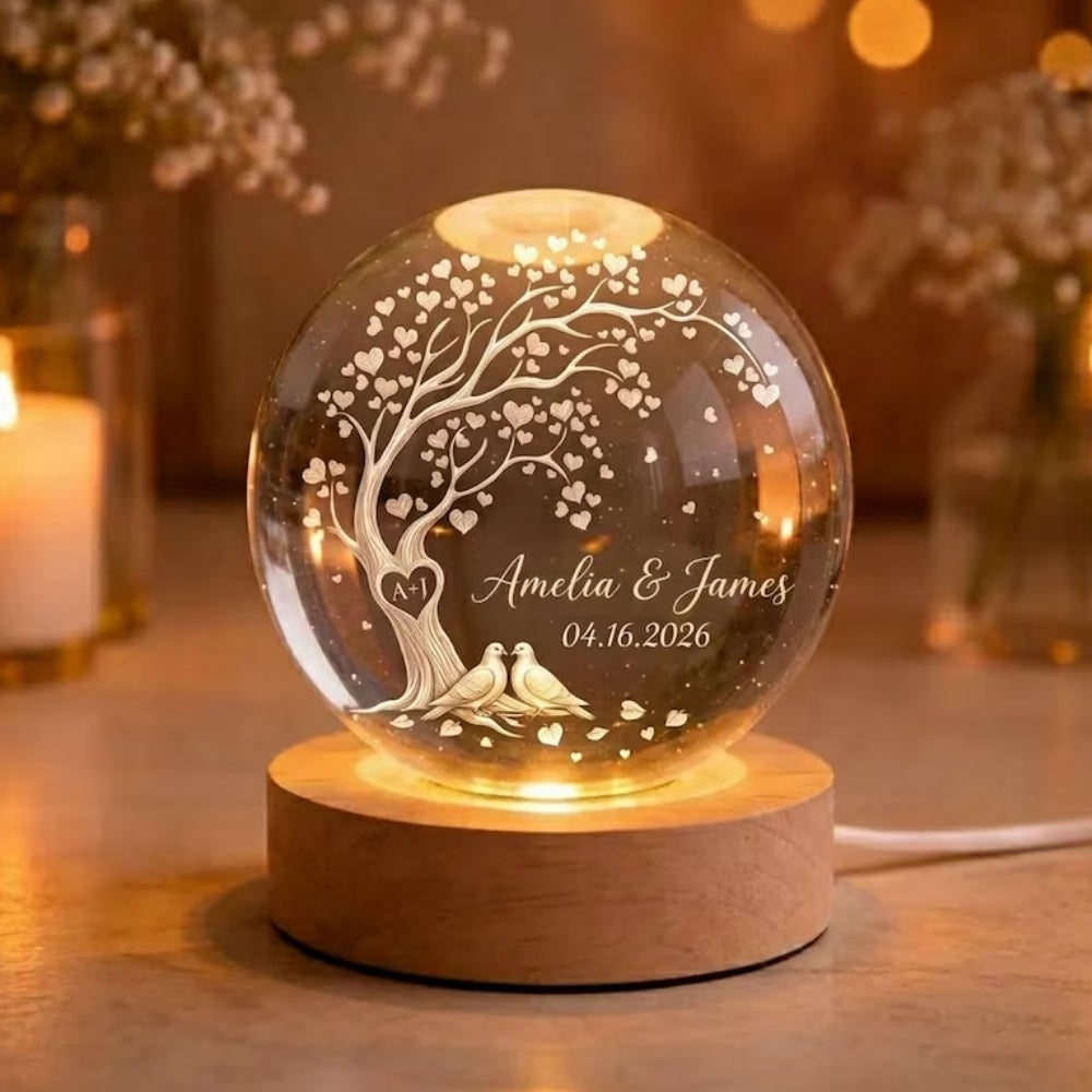 Personalized Couple Name And Date Crystal Ball Led Night Light, Custom Couple Night Light WD0372