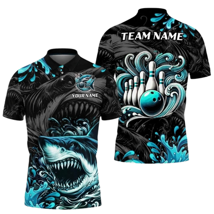 Custom Shark Men's Red Black Bowling Polo Shirt, Custom Shark Bowling Shirt For Team BZ0987
