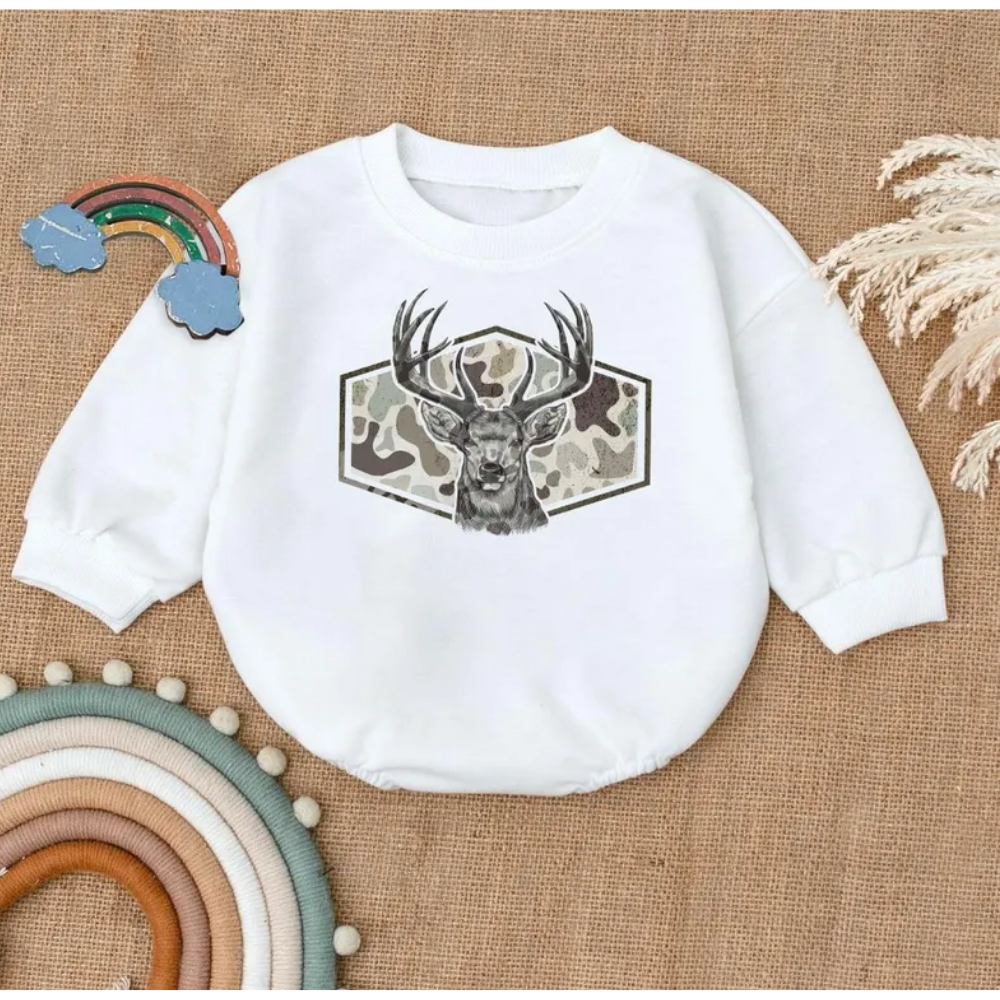 Camo Deer Hunting Baby Romper Sweatshirt, Hunting Baby Romper Sweater BB0471