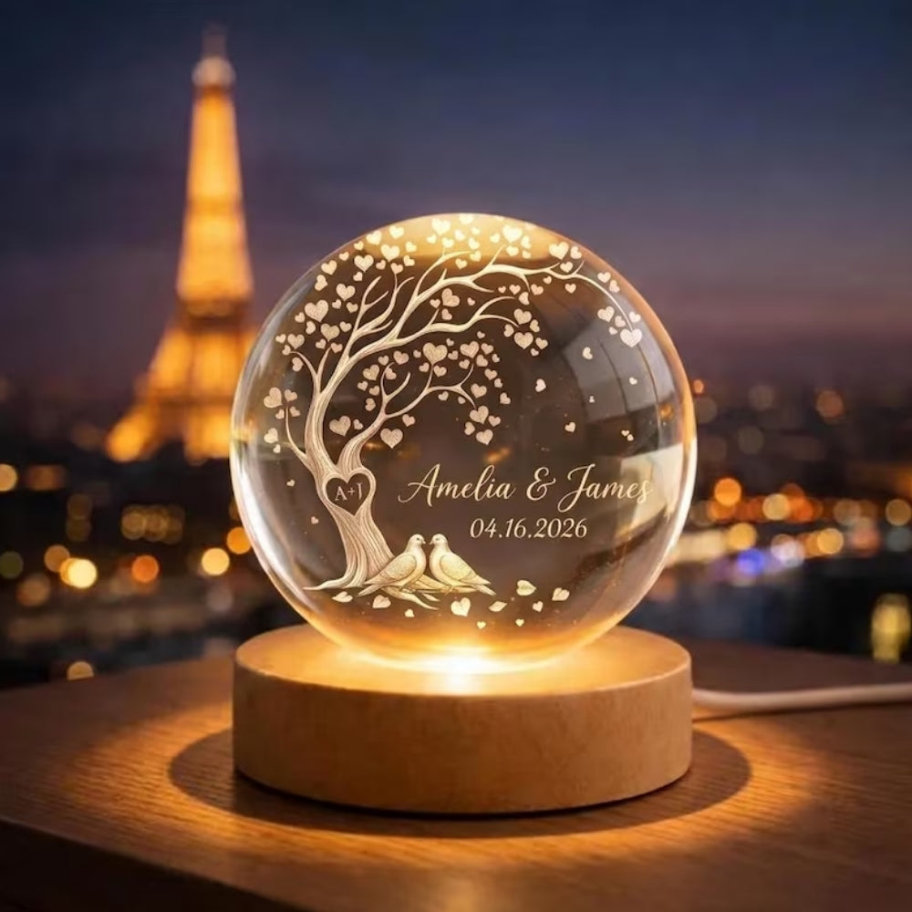 Personalized Couple Name And Date Crystal Ball Led Night Light, Custom Couple Night Light WD0372