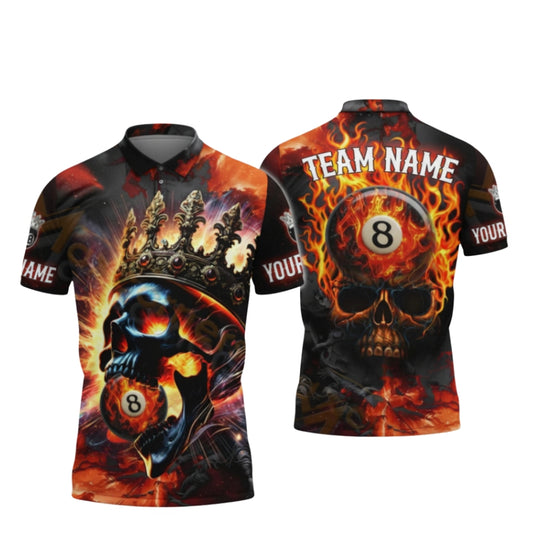 Custom Skull Flame 8 Ball Billiard Polo Shirt For Men, Custom Skull Billiard Team Shirts BIZ0281