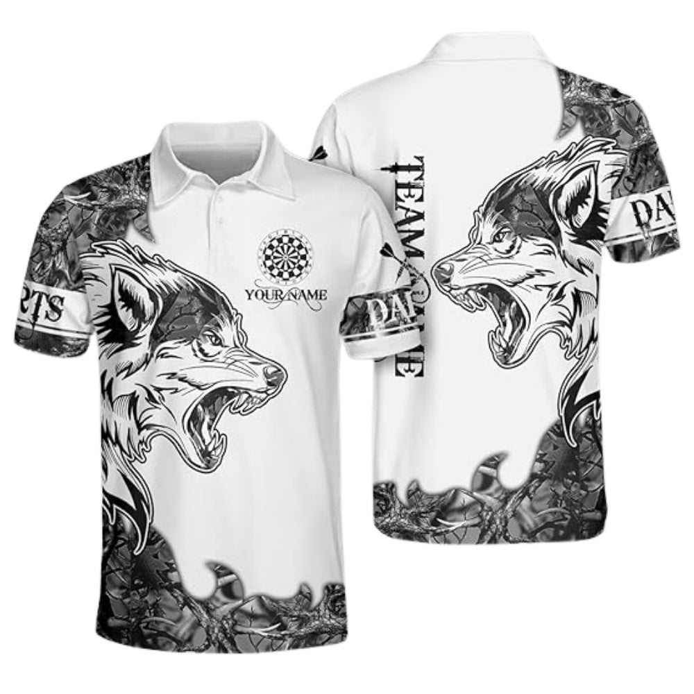 Custom Black And White Wolf Darts Polo Shirt Mens, Custom Wolf Darts Team Shirts DZ0026