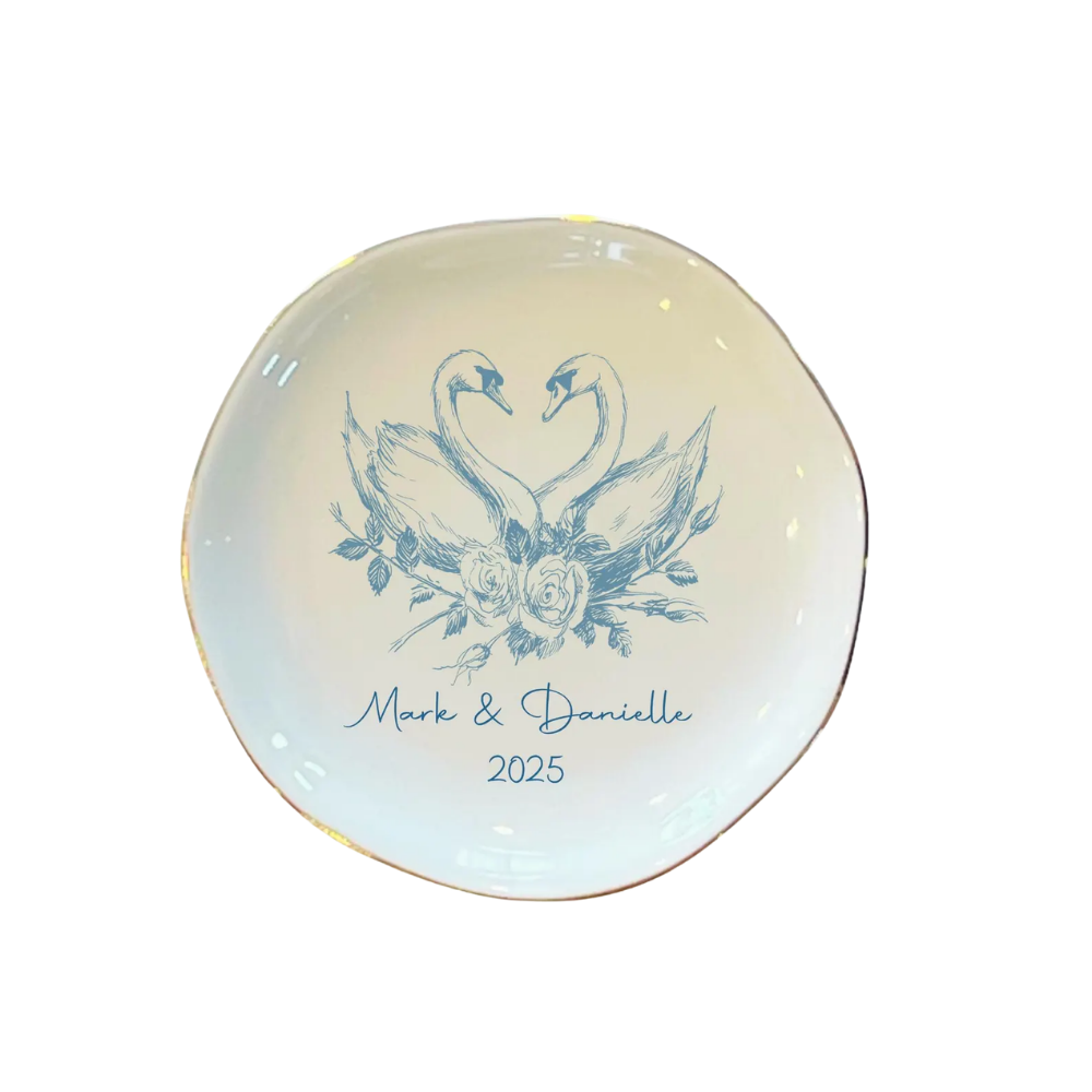 Custom Blue Swan Wedding Jewelry Dish With Couple Name, Custom Swan Ring Dish For Engagement WD0478