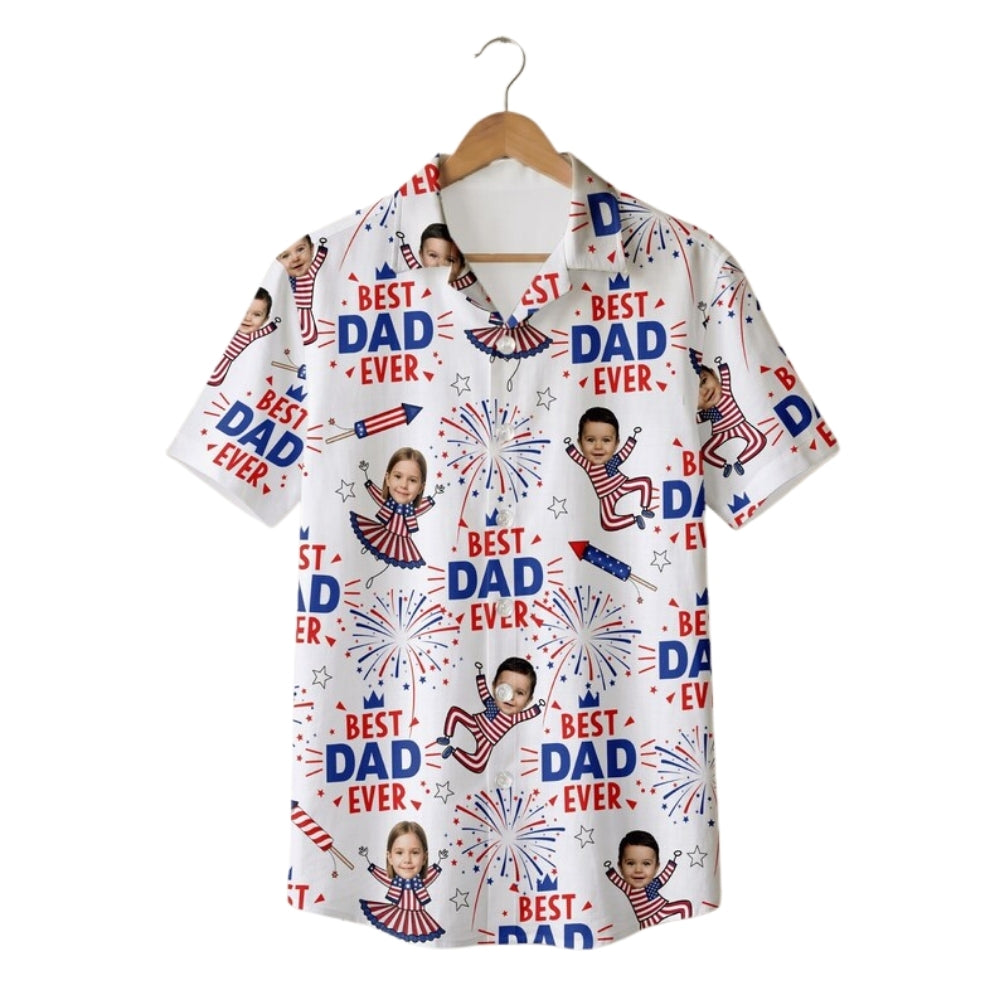 Best Dad Ever Custom Kid Face Hawaiian Shirt For Father Day 4th Of July, Custom Photo Father Day 4th Of July Hawaiian Shirts For Dad HE0225
