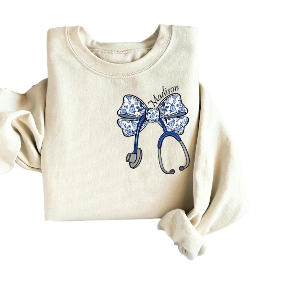 Custom Nurse Stethoscope Bow Sweatshirt, Custom Nurse Sweatshirt 2D0393