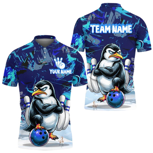 Custom Angry Penguin Bowling Polo Shirt For Men, Custom Penguin Bowling Team Shirts BE0148
