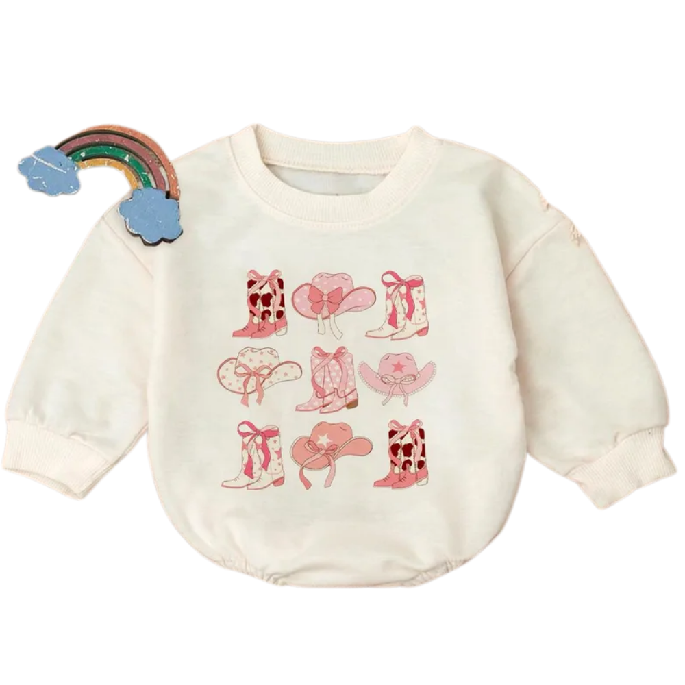 Pink Boots And Hat Cowgirl Baby Romper Sweatshirt, Western Sweatshirt Baby Romper BB0472