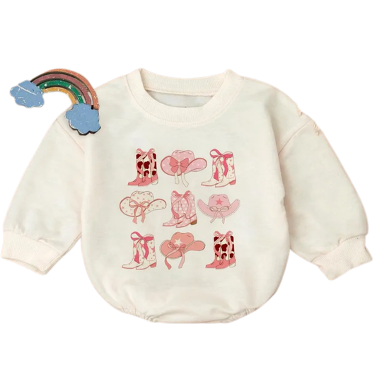 Pink Boots And Hat Cowgirl Baby Romper Sweatshirt, Western Sweatshirt Baby Romper BB0472