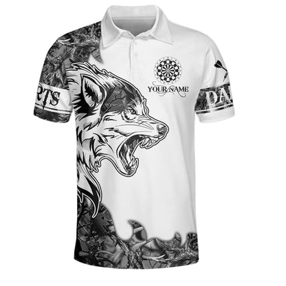 Custom Black And White Wolf Darts Polo Shirt Mens, Custom Wolf Darts Team Shirts DZ0026