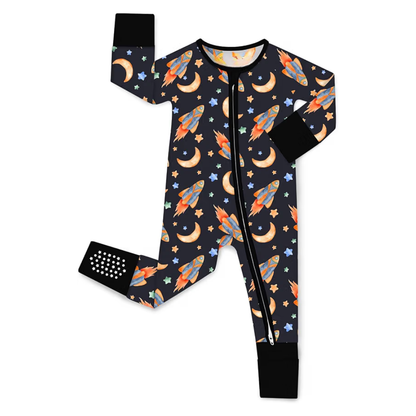 Space Black Orange Baby Convertible Zipper Romper, Space Lover Baby Romper Convertible BB0423
