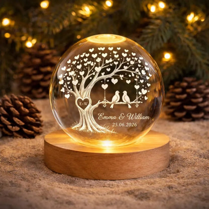 Custom Birds Tree Crystal Ball Night Light With Couple Name, Custom Night Light For Couple WD0373
