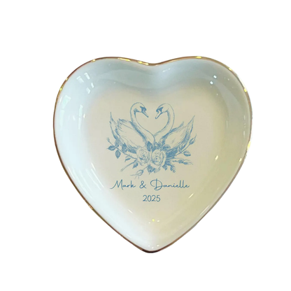 Custom Blue Swan Wedding Jewelry Dish With Couple Name, Custom Swan Ring Dish For Engagement WD0478