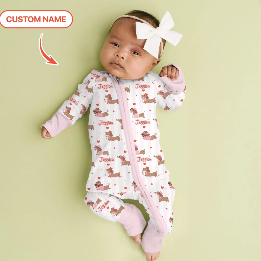 Custom Dachshund Dog Baby Convetible Zippy Romper For Valentine, Custom Dachshund Lover Convertible Baby Romper BB0890