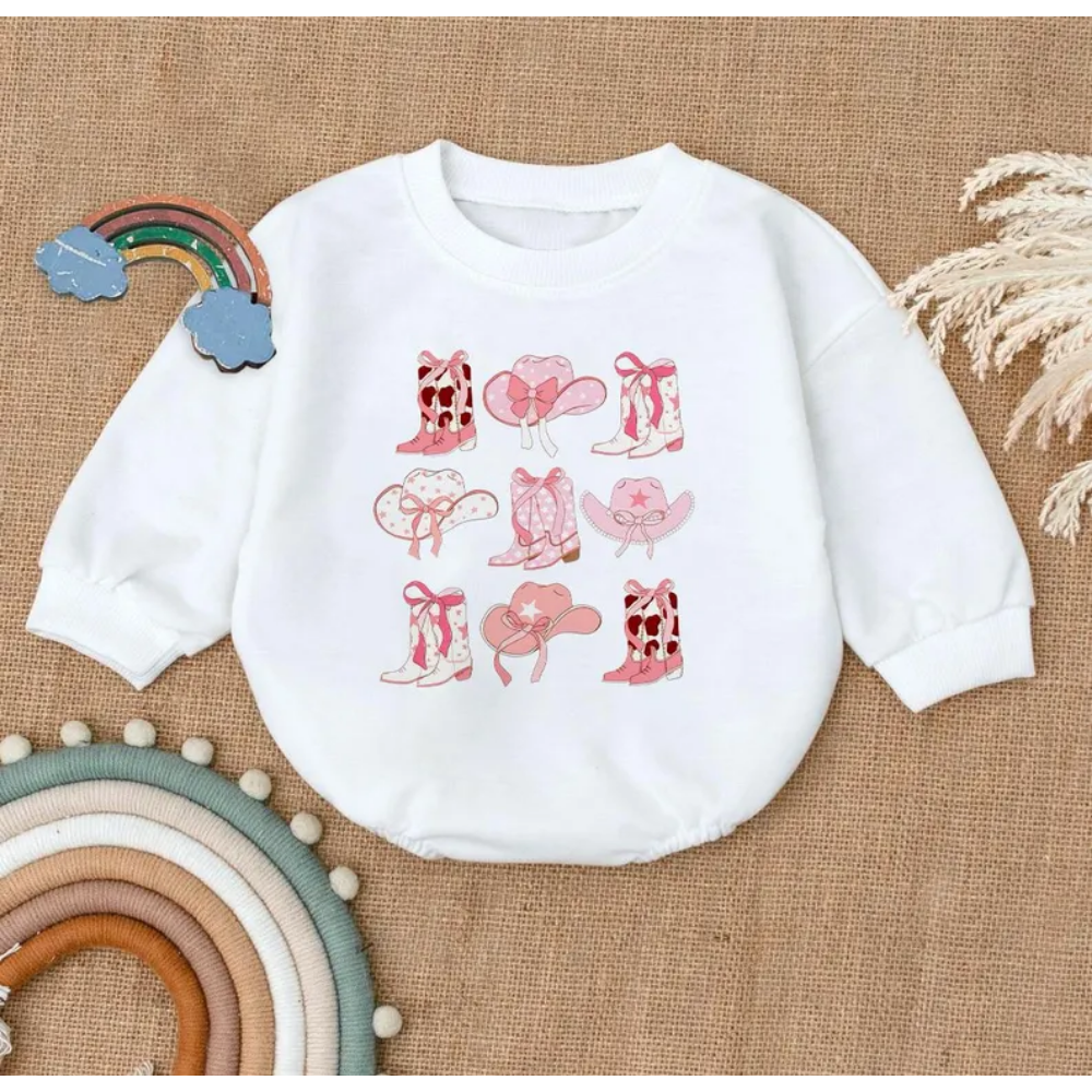Pink Boots And Hat Cowgirl Baby Romper Sweatshirt, Western Sweatshirt Baby Romper BB0472