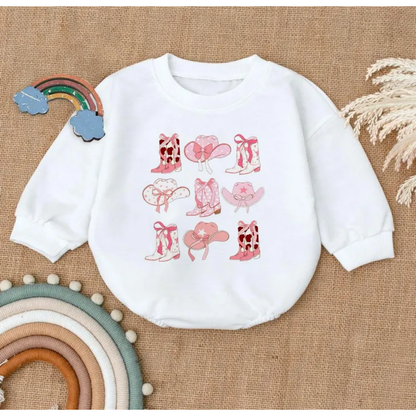 Pink Boots And Hat Cowgirl Baby Romper Sweatshirt, Western Sweatshirt Baby Romper BB0472