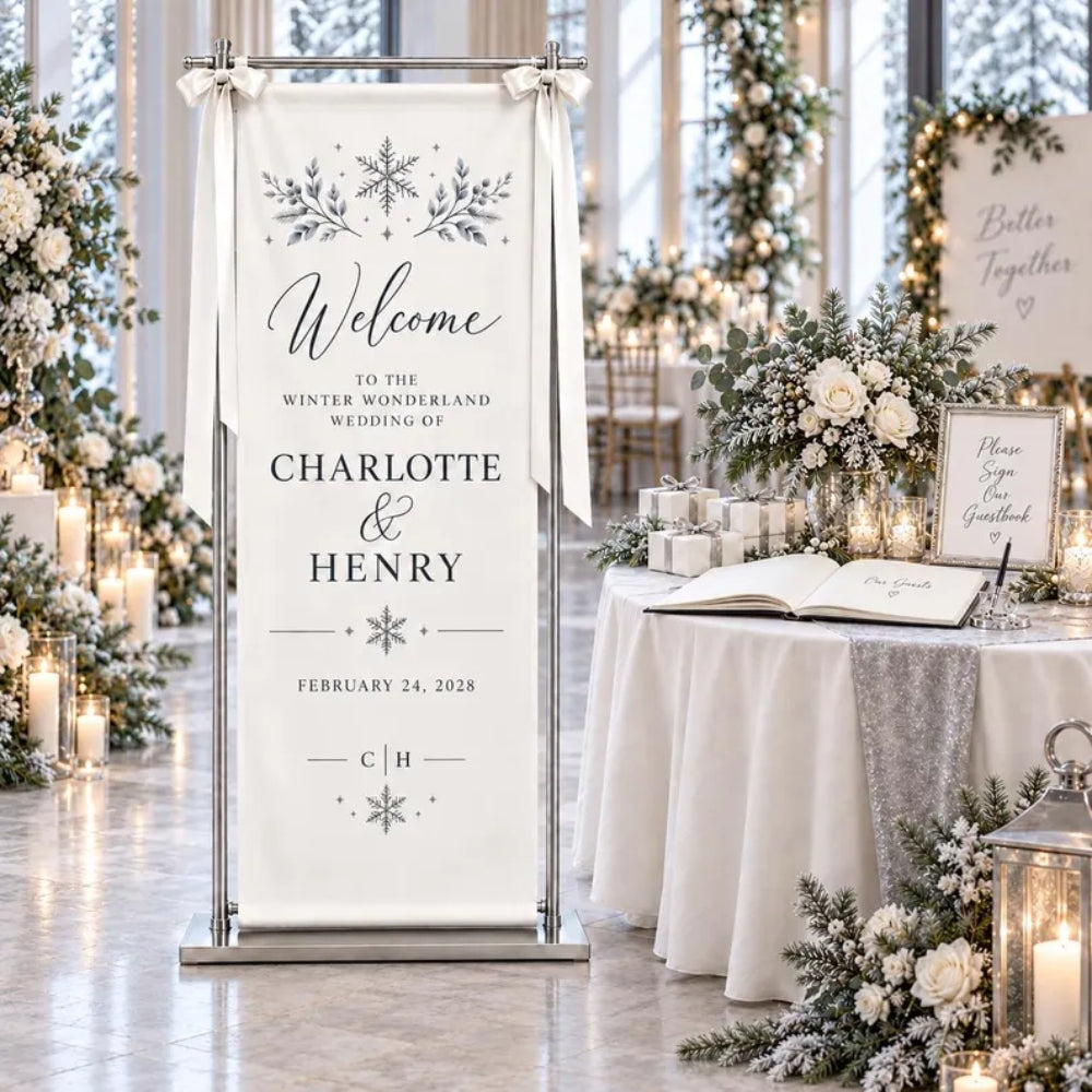 Personalized Winter Wedding Fabric Welcome Banner Snowflake, Custom Winter Wedding Welcome Sign WD0990