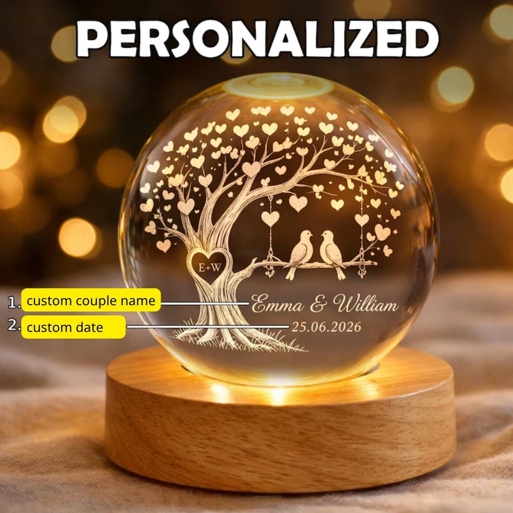 Custom Birds Tree Crystal Ball Night Light With Couple Name, Custom Night Light For Couple WD0373