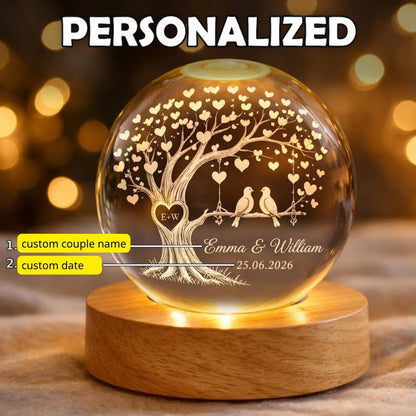 Custom Birds Tree Crystal Ball Night Light With Couple Name, Custom Night Light For Couple WD0373