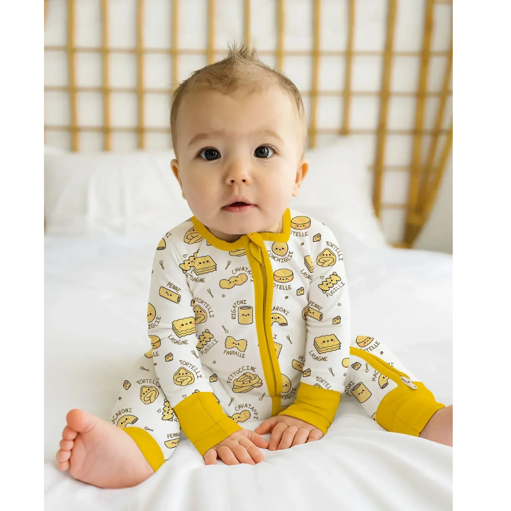 Pasta Food Yellow White Baby Convertible Romper Zipper, Italian Food Baby Romper Convertible BB0827