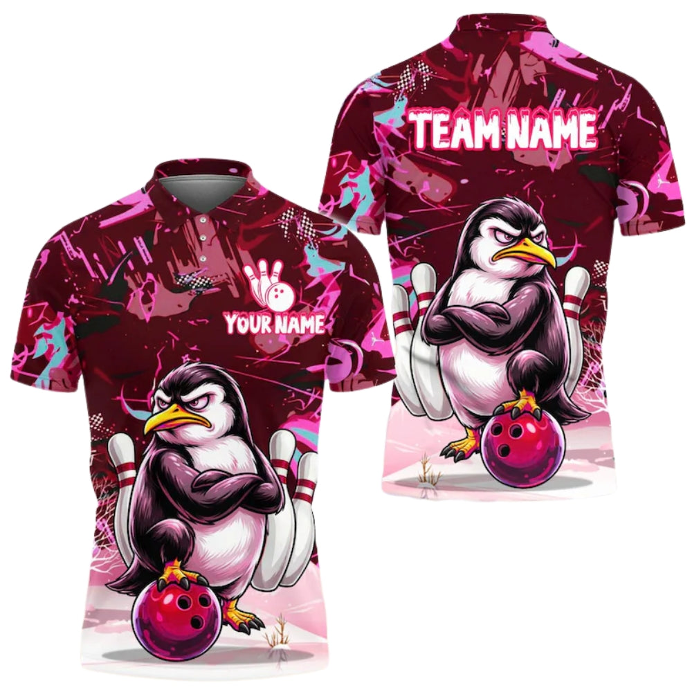 Custom Angry Penguin Bowling Polo Shirt For Men, Custom Penguin Bowling Team Shirts BE0148