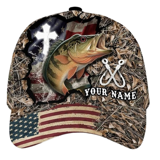 Custom American Flag Bass Fishing Cross Baseball Cap, Custom Christian Fishing Lovers Caps CP0252